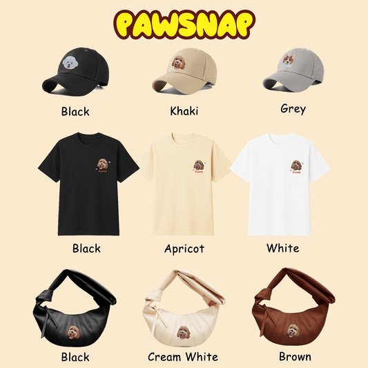 Pet bundle color options for custom embroidered tshirt, hat, and croissant bag