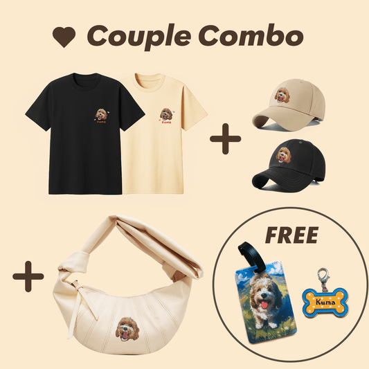 Couple Combo set contents - includes 2 t-shirts, 2 hats, and 1 croissant bag
