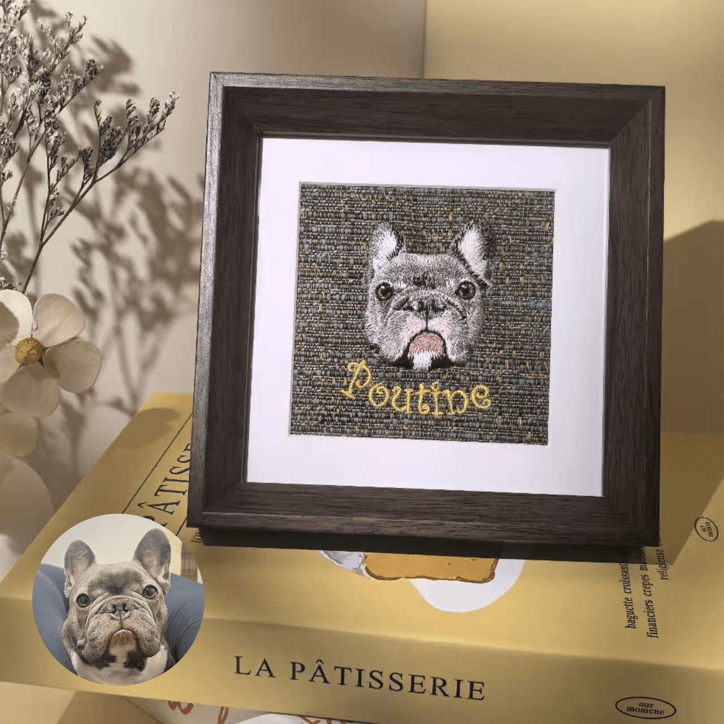 Custom cat portrait embroidery frame with eco-friendly wood