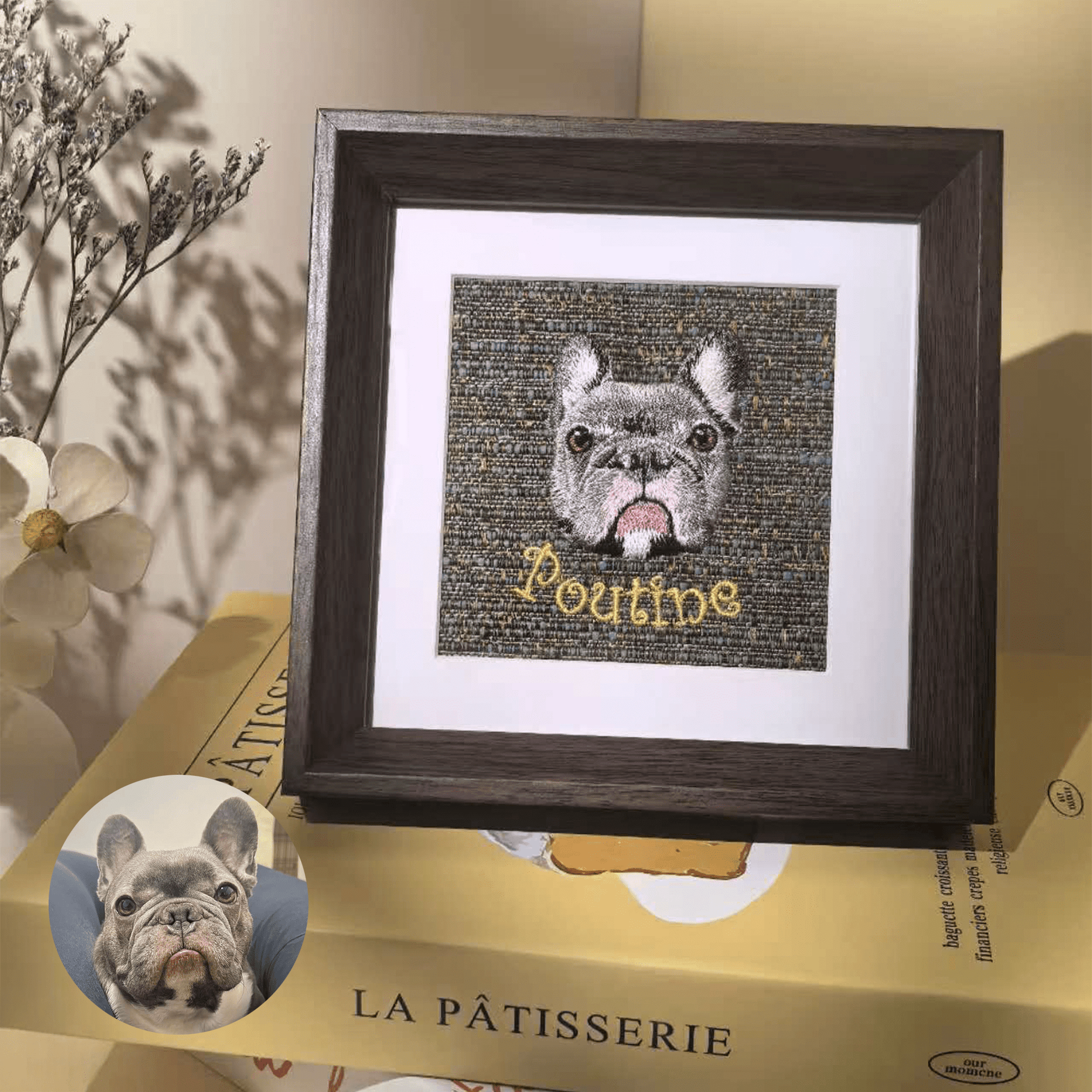 Custom cat portrait embroidery frame with eco-friendly wood