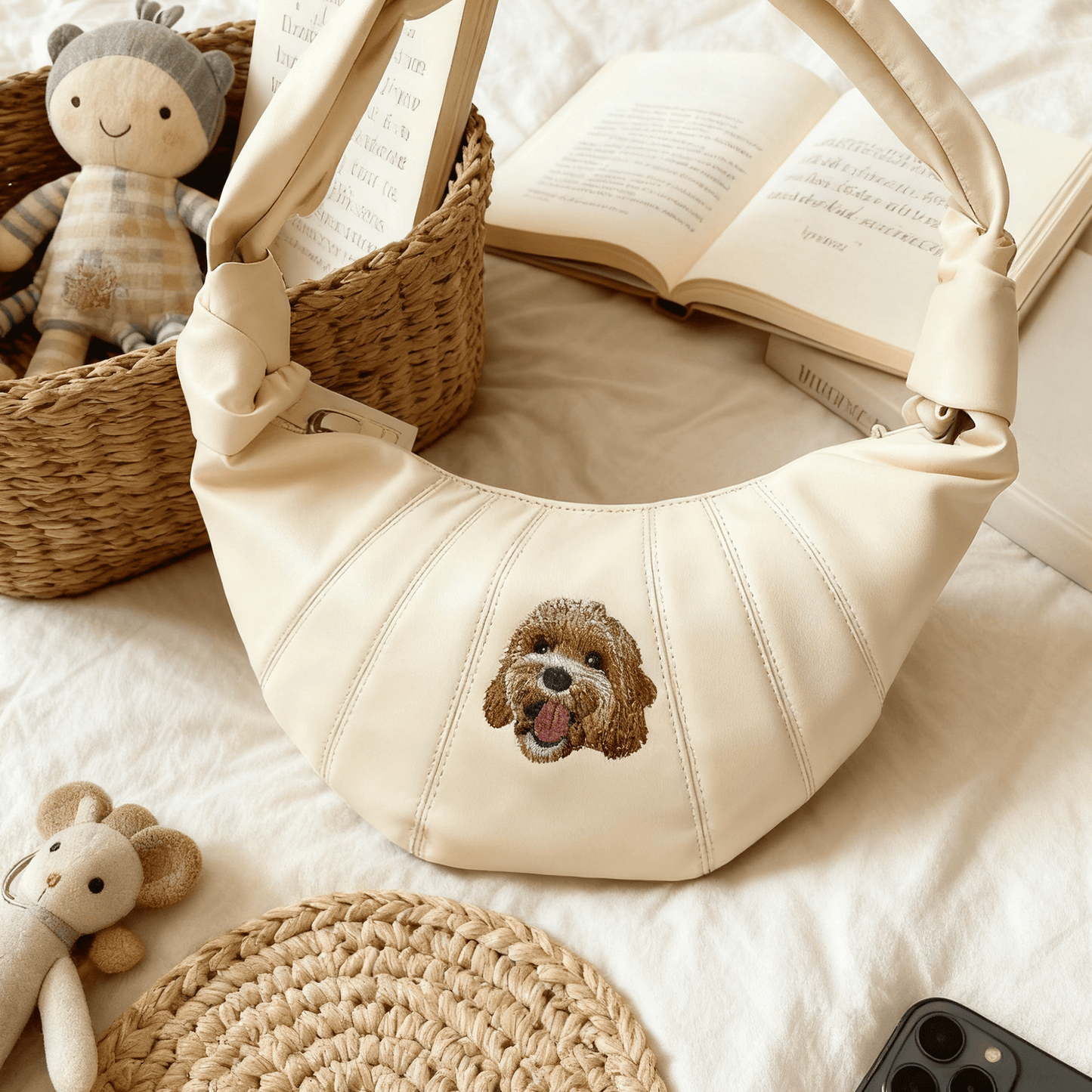 Custom dog embroidered croissant bag in cream white with personalized design