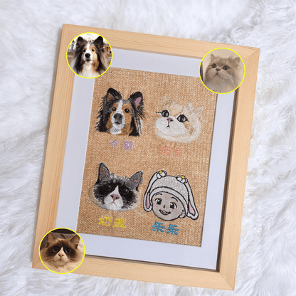 Custom family embroidered frame with pets and child portraits