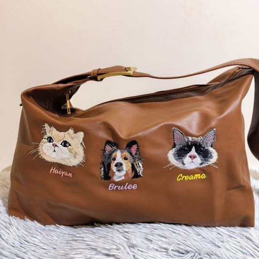 Custom crossbody bag with three pets embroidered portraits - dogs and cats