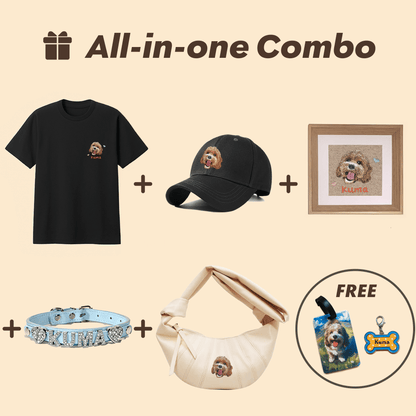 Custom pet all-in-one combo bundle includes tshirt, hat, bag, frame, and collar