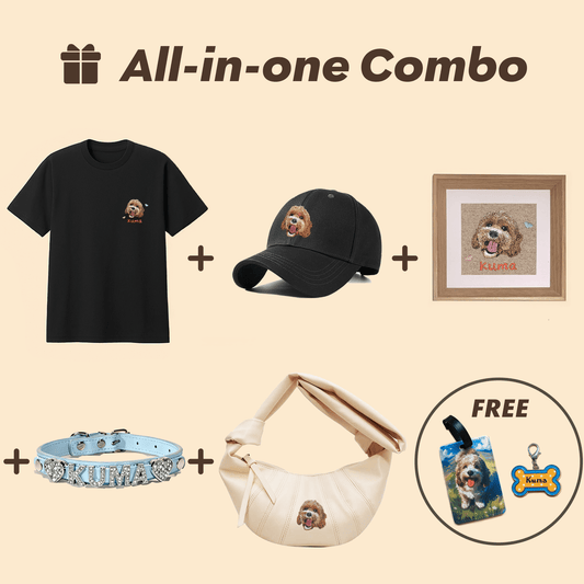 Custom pet all-in-one combo bundle includes tshirt, hat, bag, frame, and collar
