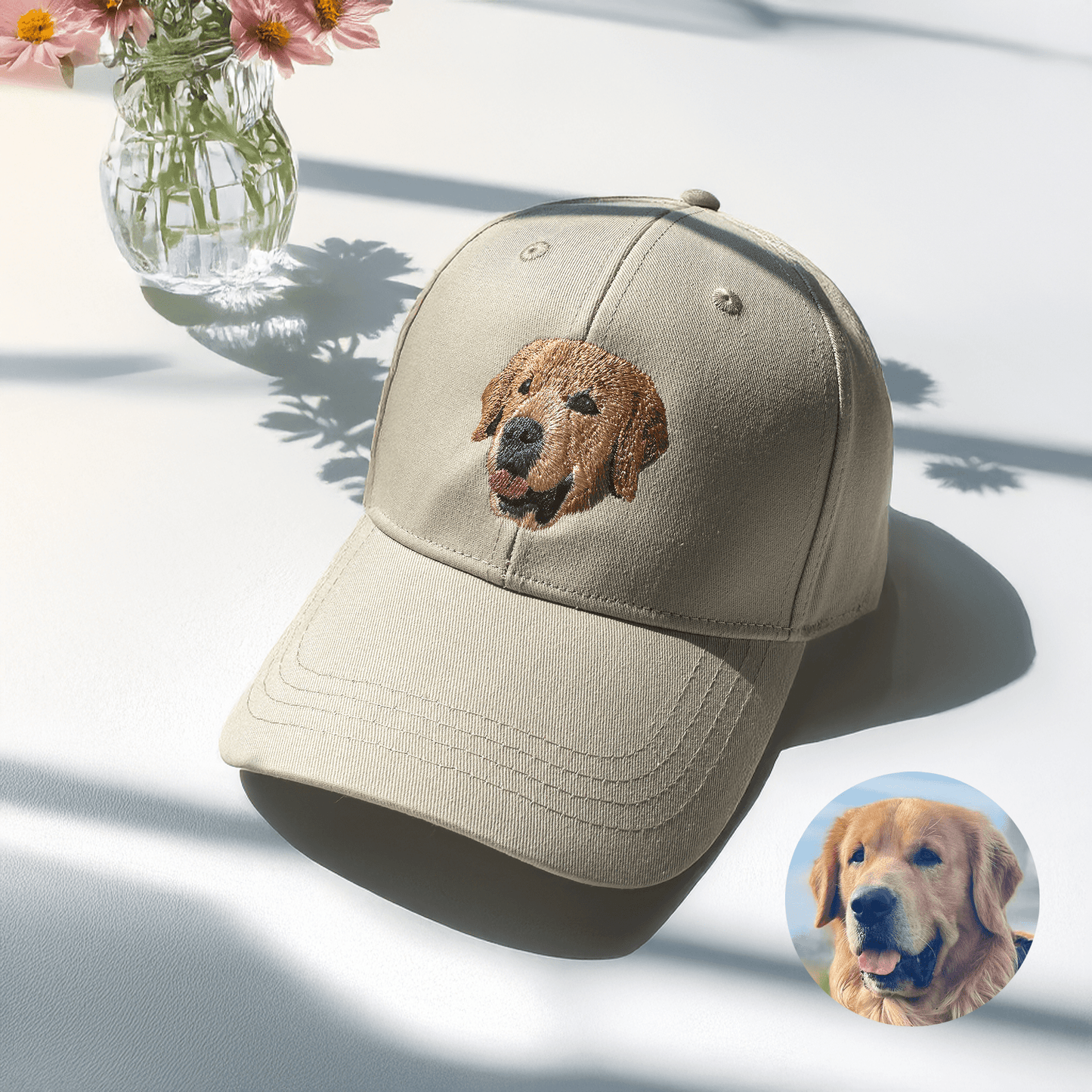Custom pet embroidered baseball cap with personalized dog portrait