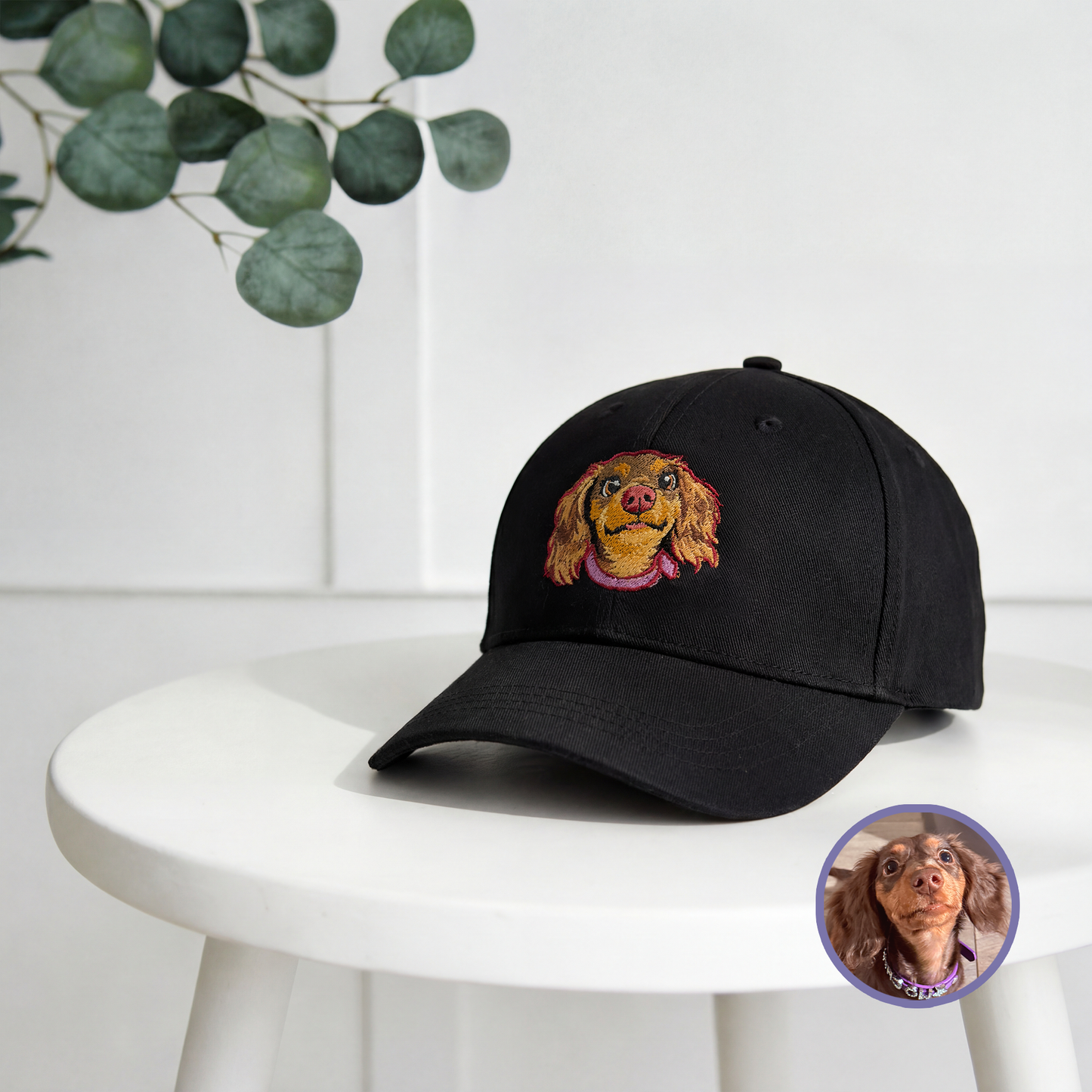 Custom pet embroidered baseball cap in black with cartoon style personalized design