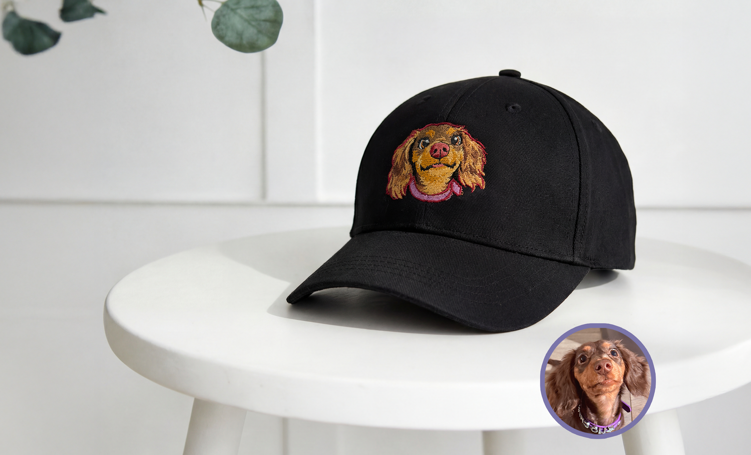 Custom pet embroidered baseball cap in black with cartoon style personalized design