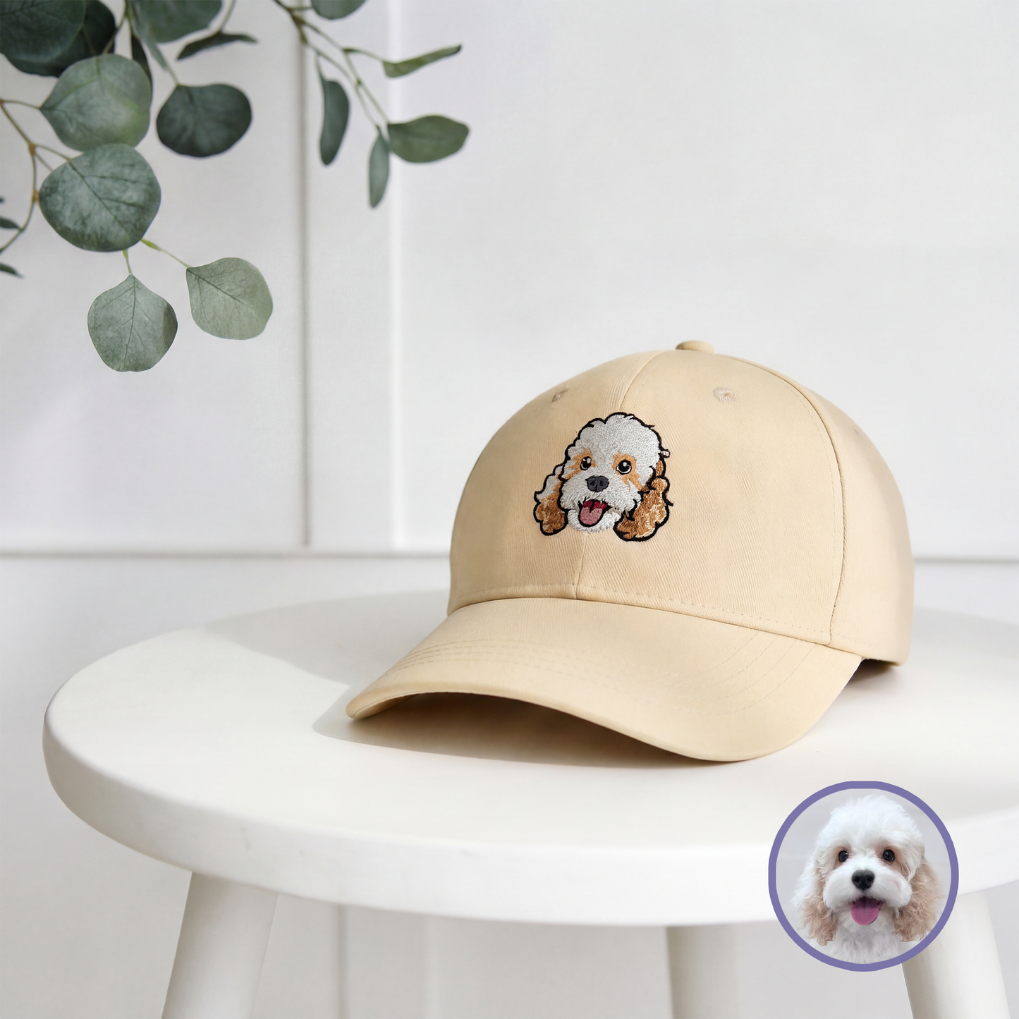 Custom pet embroidered baseball cap in khaki with cartoon style personalized design