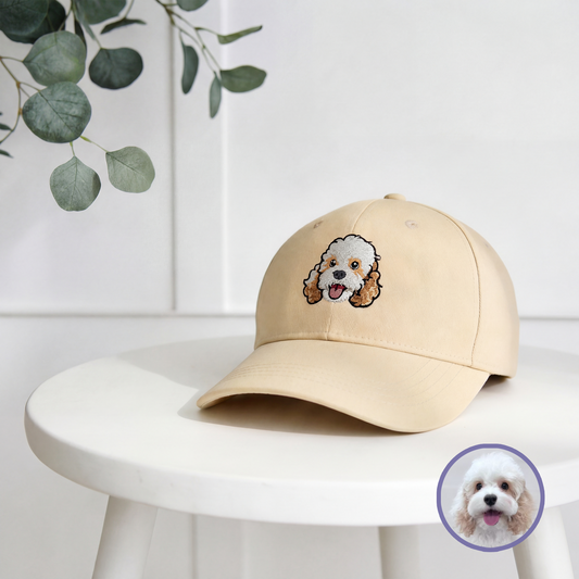 Custom pet embroidered baseball cap in khaki with cartoon style personalized design