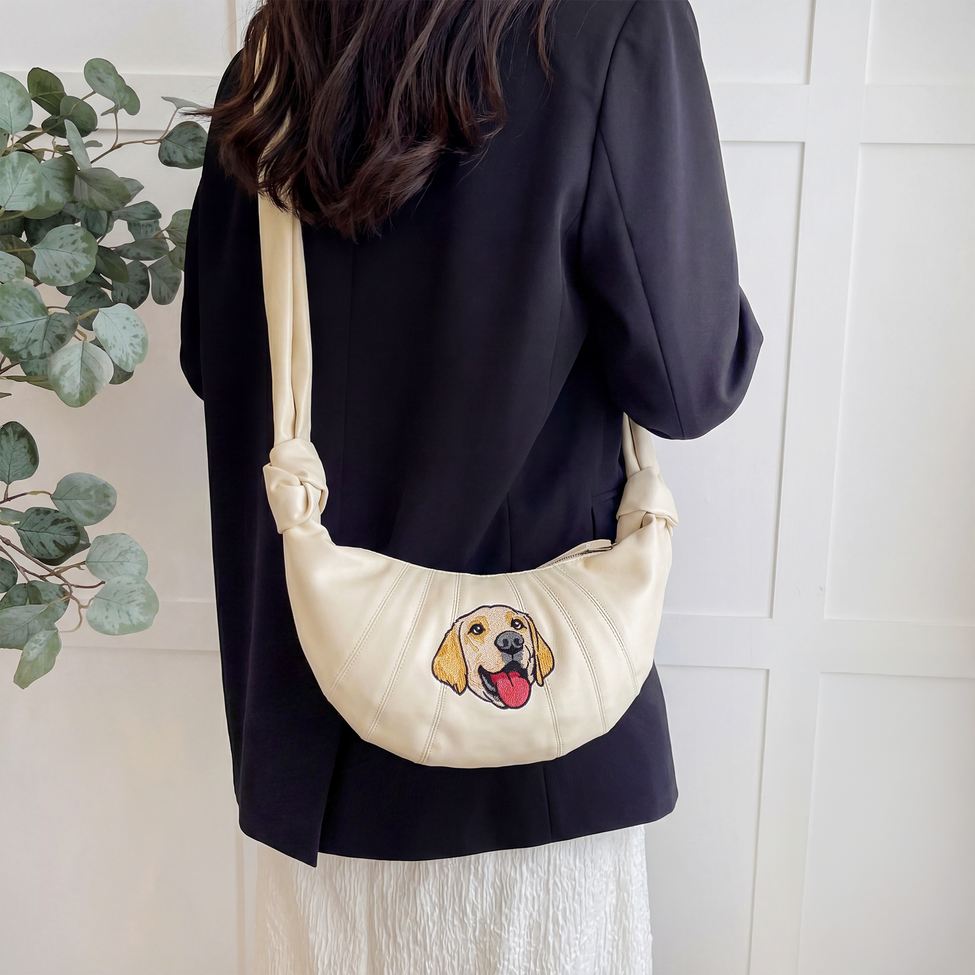 Custom pet embroidered croissant bag in cream white with cartoon style personalized design