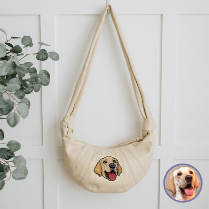 Custom pet embroidered croissant bag in cream white with cartoon style personalized design