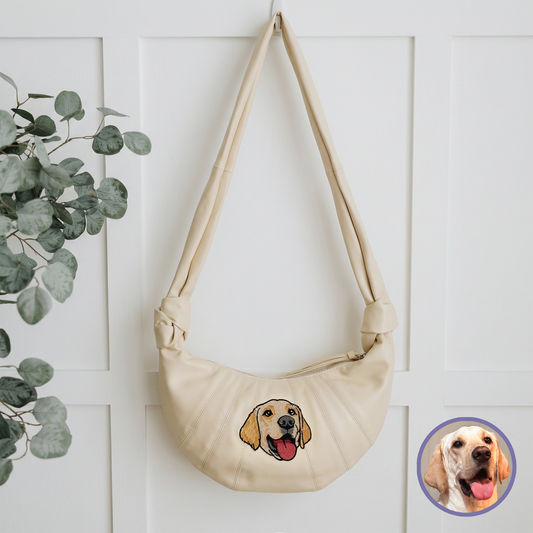 Custom pet embroidered croissant bag in cream white with cartoon style personalized design