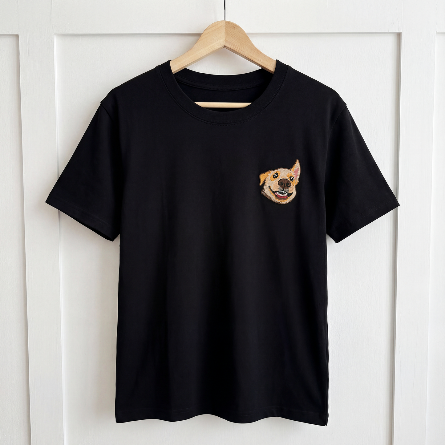 Custom pet embroidered t-shirt in black with cartoon style personalized design