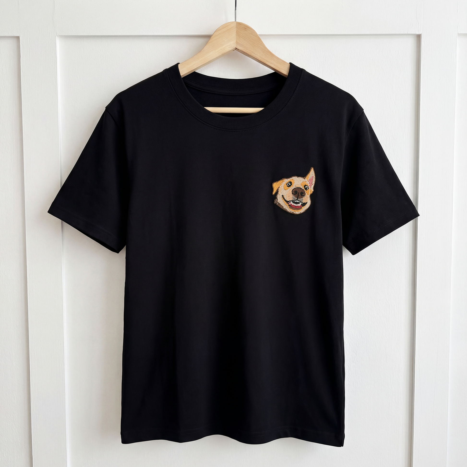 Custom pet embroidered t-shirt in black with cartoon style personalized design