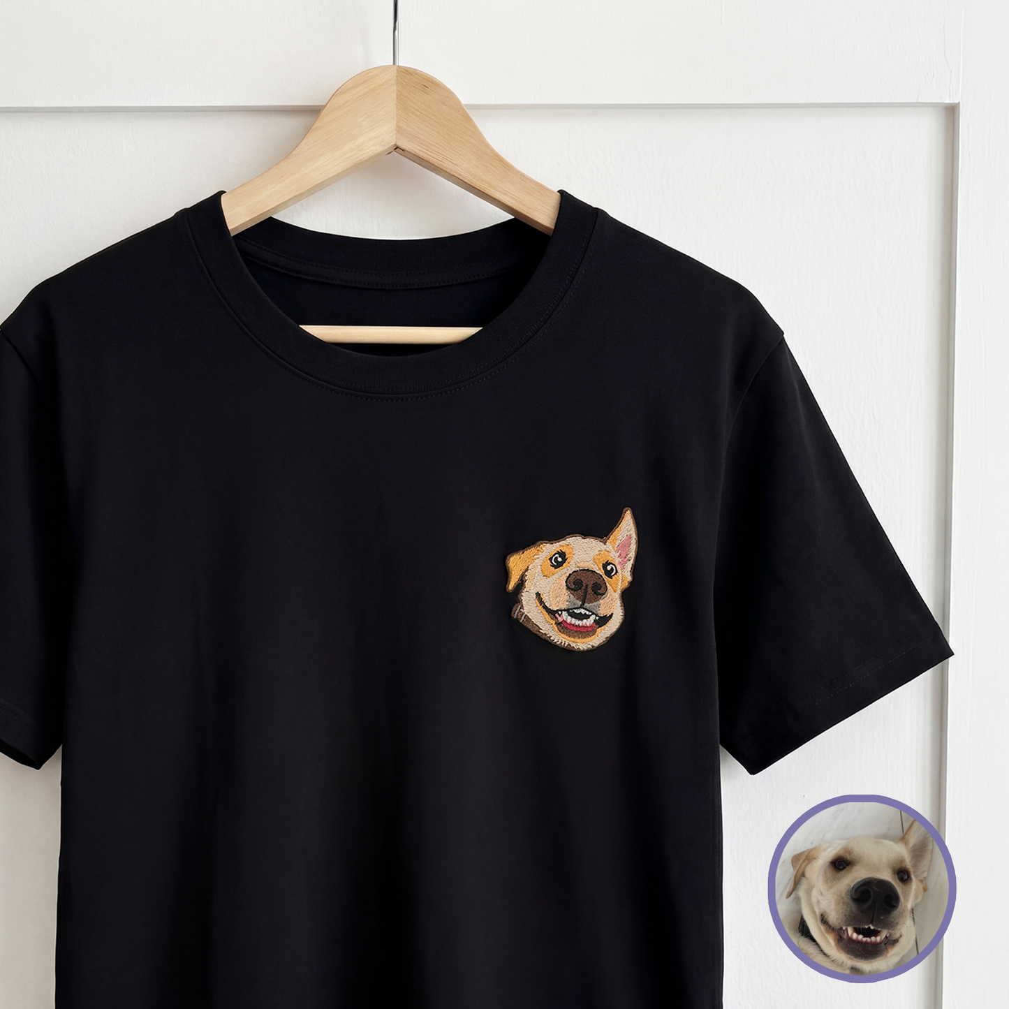 Custom pet embroidered t-shirt in black with cartoon style personalized design