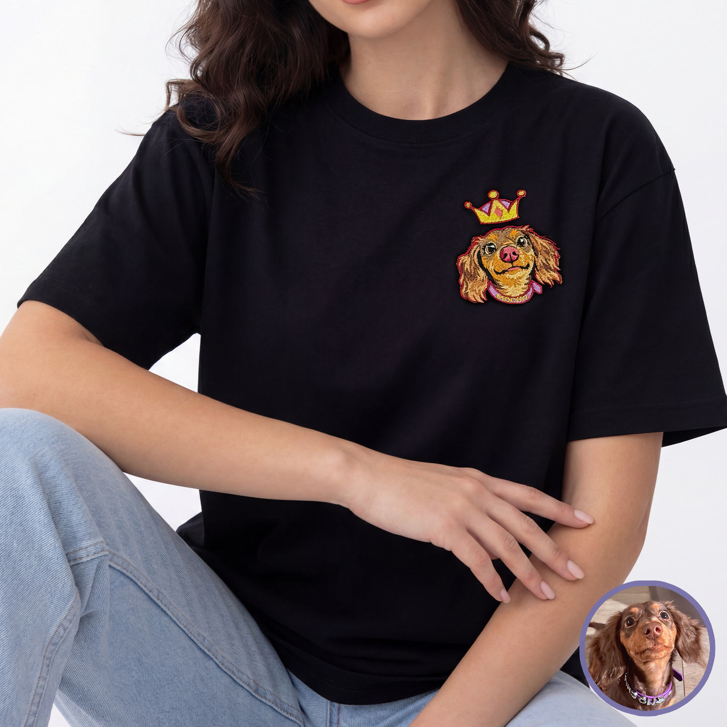 Custom pet embroidered t-shirt in black with cartoon style personalized design