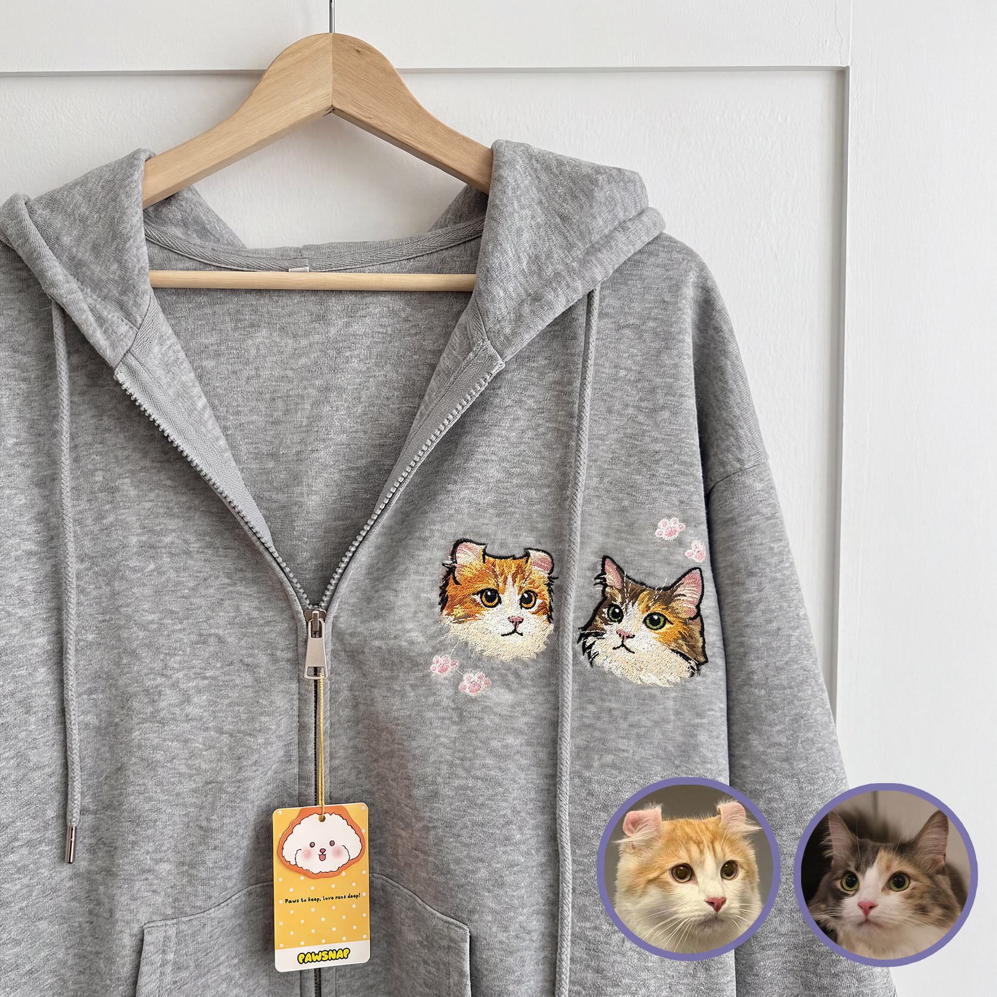 Custom pet embroidered zip-up hoodie in grey with cartoon style personalized design