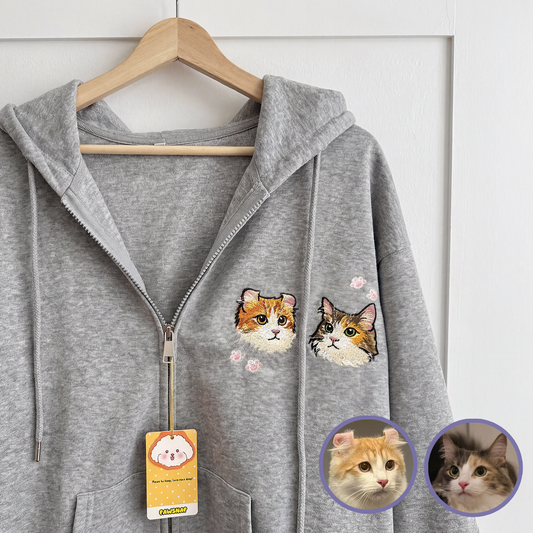 Custom pet embroidered zip-up hoodie in grey with cartoon style personalized design