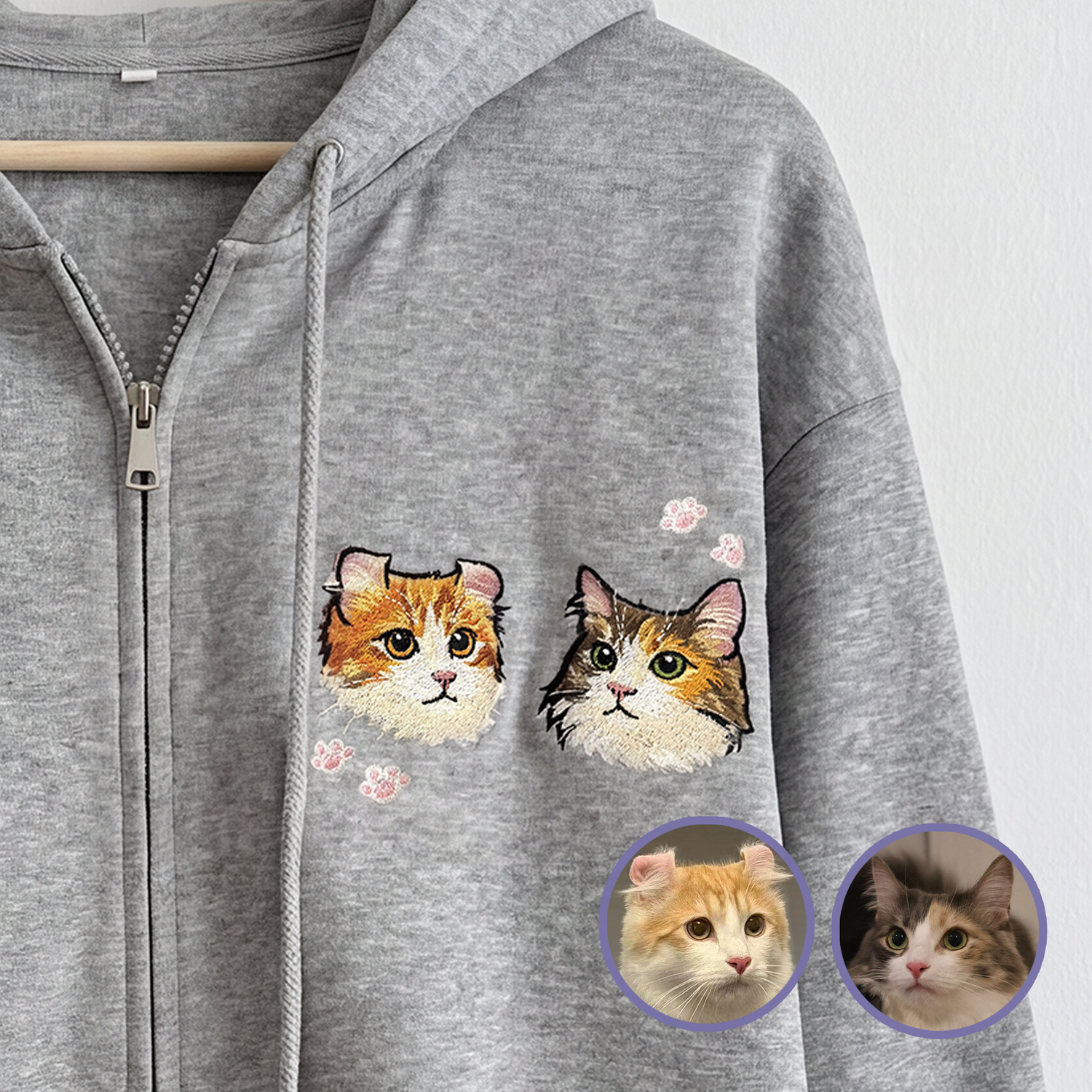 Custom pet embroidered zip-up hoodie in grey with cartoon style personalized design