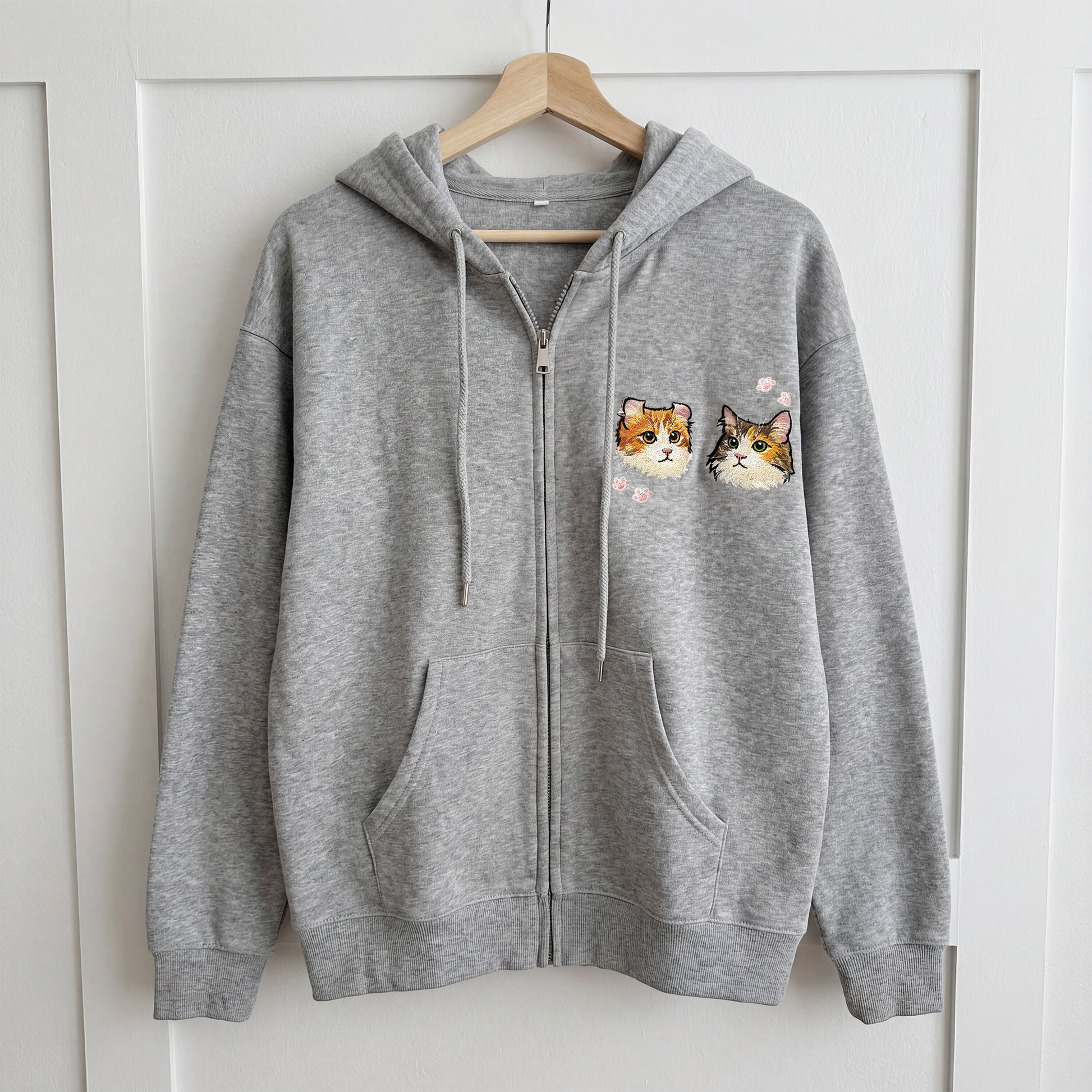 Custom pet embroidered zip-up hoodie in grey with cartoon style personalized design