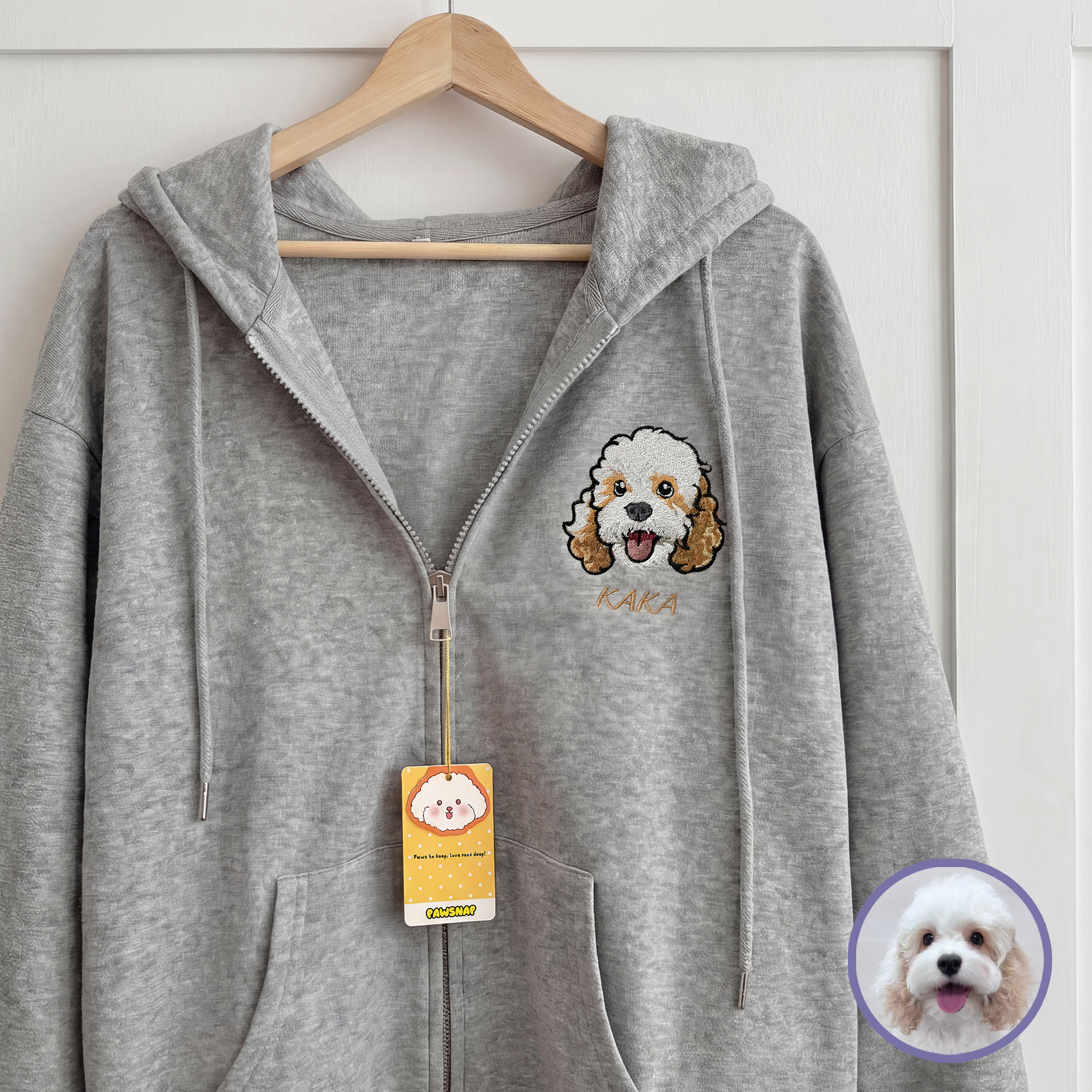 Custom pet embroidered zip-up hoodie in grey with cartoon style personalized design