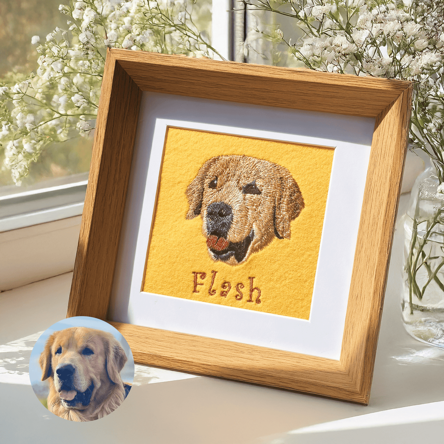 Custom pet embroidered frame with hand-drawn portrait