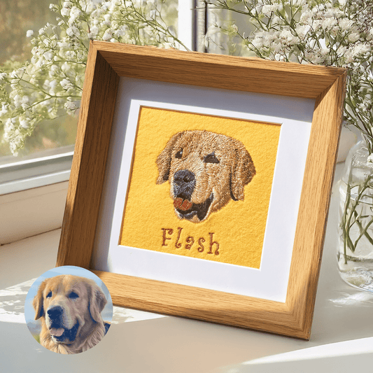 Custom pet embroidered frame with hand-drawn portrait