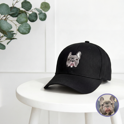 Custom pet embroidered baseball cap in black with realistic style personalized design