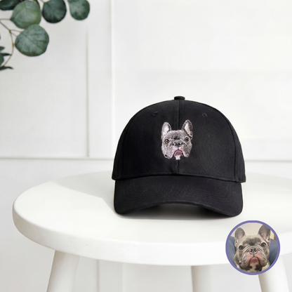 Custom pet embroidered baseball cap in black with realistic style personalized design