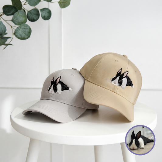 Custom pet embroidered baseball cap in grey and in khaki with realistic style personalized design