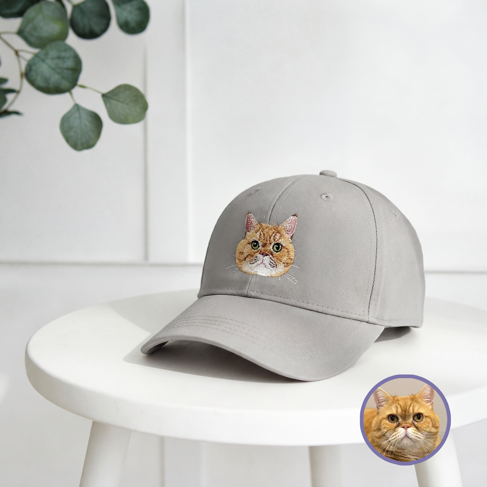 Custom pet embroidered baseball cap in grey with realistic style personalized design