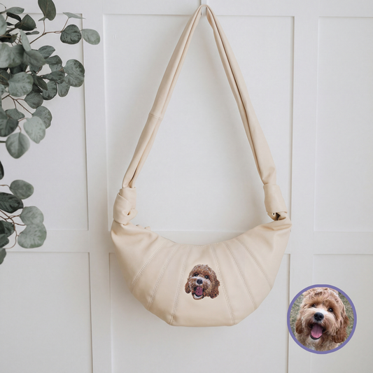Custom pet embroidered croissant bag in cream white with realistic style personalized design