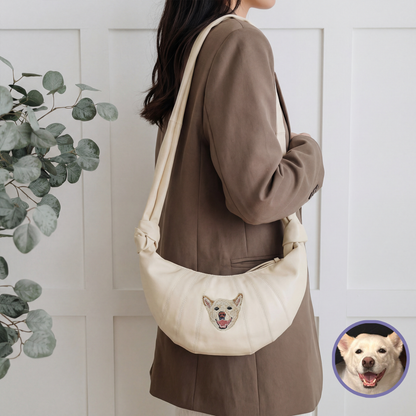 Custom pet embroidered croissant bag in cream white with realistic style personalized design