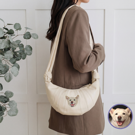 Custom pet embroidered croissant bag in cream white with realistic style personalized design