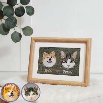 Custom pet embroidered double portrait frame in natural wood with realistic style personalized design