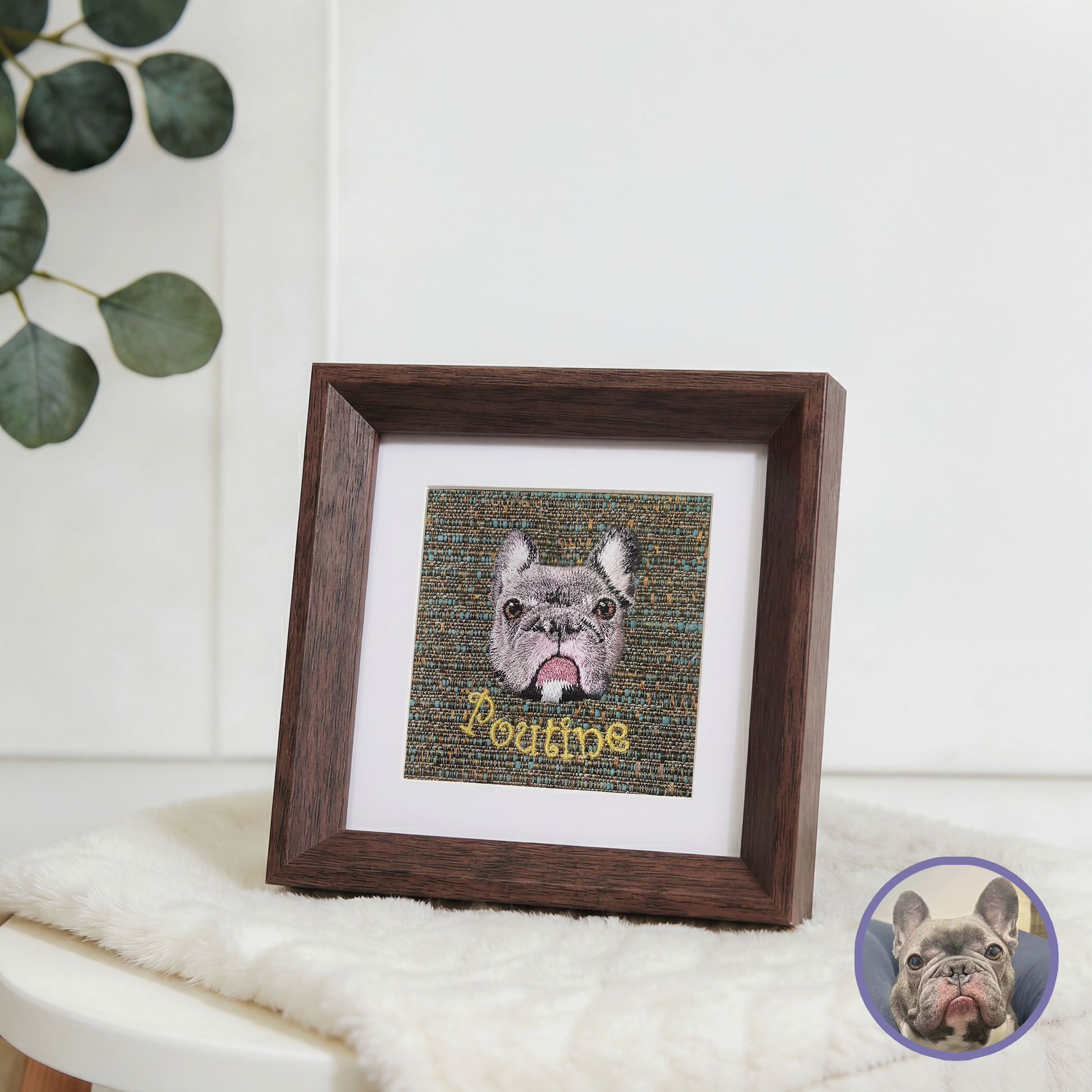 Custom pet embroidered portrait frame in dark walnut with realistic style personalized design
