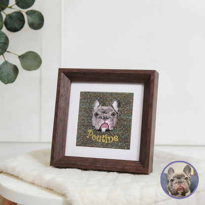 Custom pet embroidered portrait frame in dark walnut with realistic style personalized design