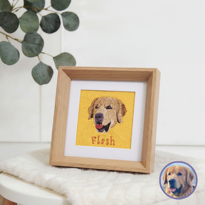 Custom pet embroidered portrait frame in natural wood with realistic style personalized design