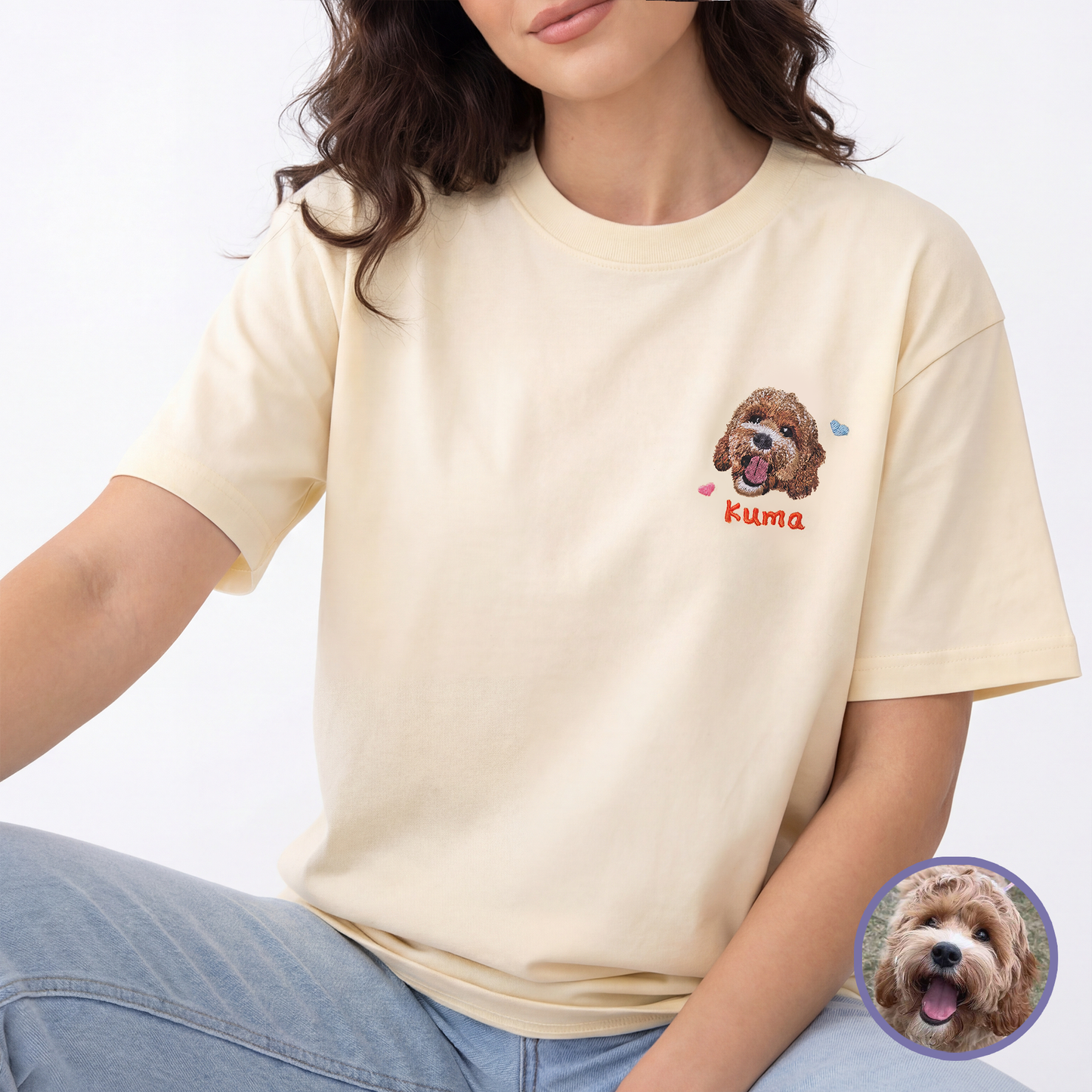 Custom pet embroidered t-shirt in apricot with realistic style personalized design