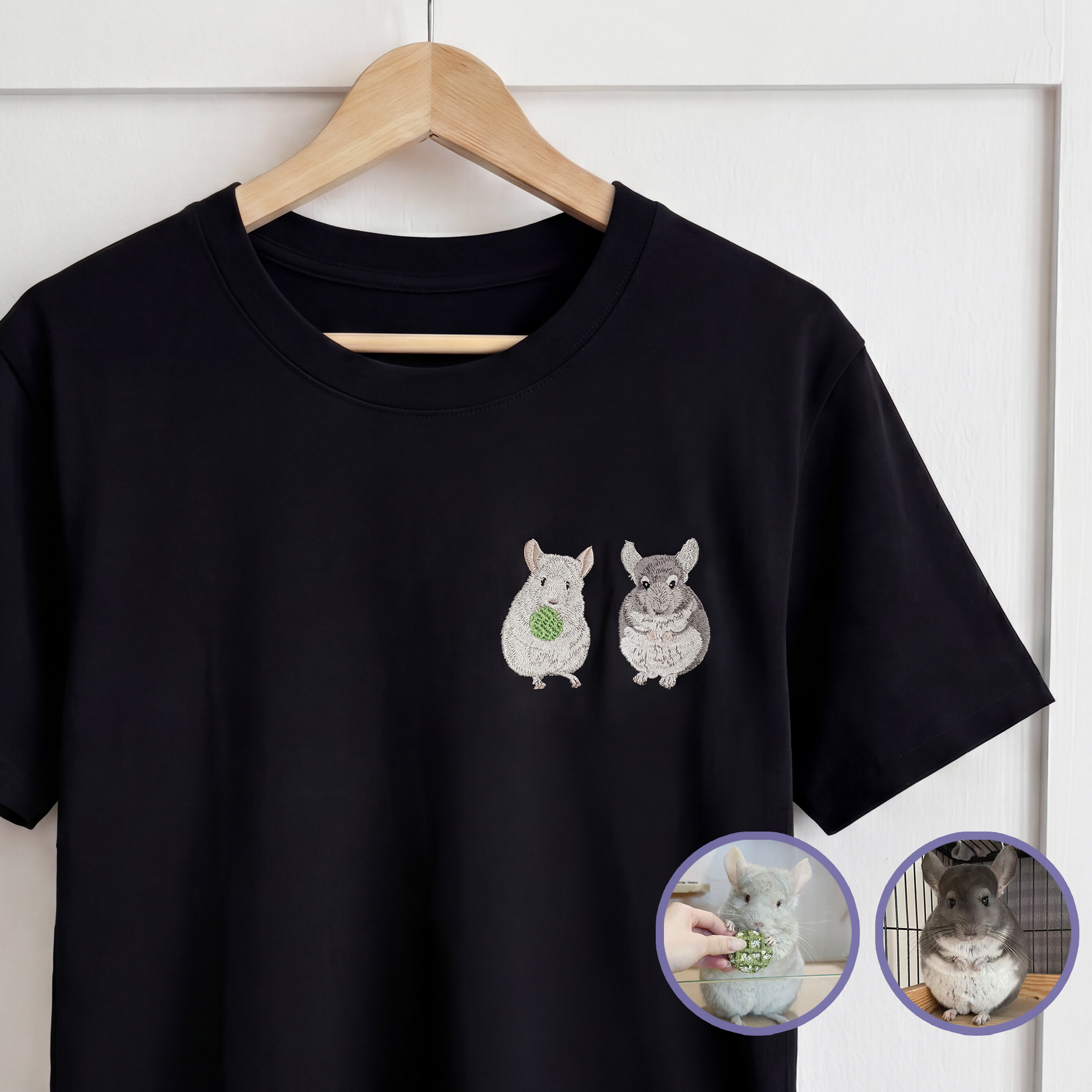 Custom pet embroidered t-shirt in black with realistic style personalized design