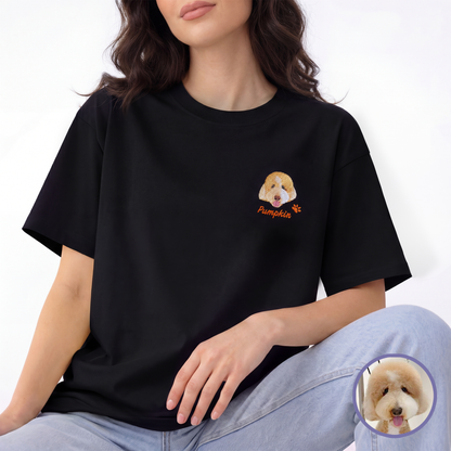 Custom pet embroidered t-shirt in black with realistic style personalized design