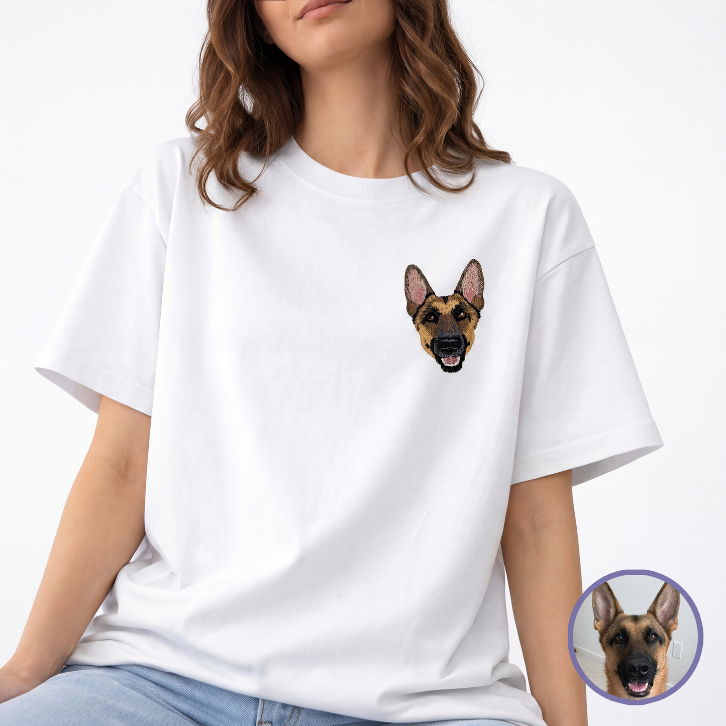 Custom pet embroidered t-shirt in white with realistic style personalized design