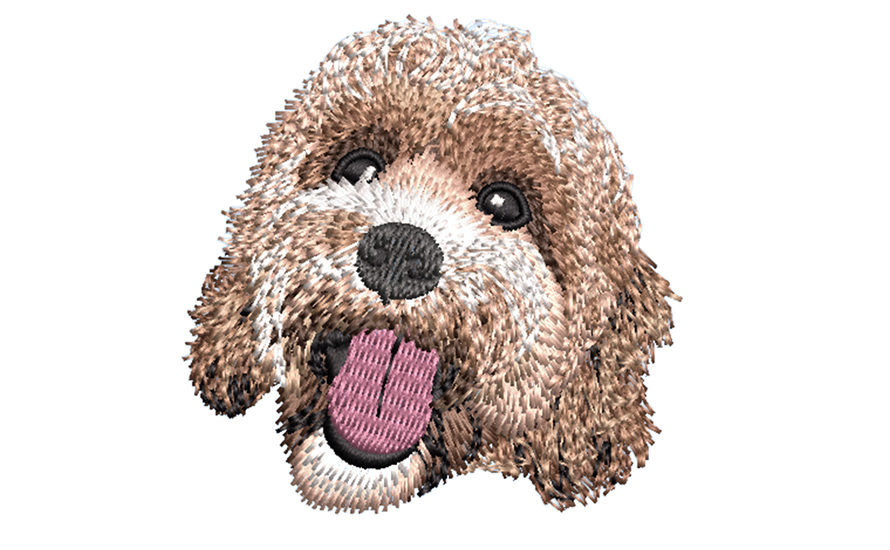 Before and after comparison of custom pet embroidery - real dog photo transformed into detailed embroidered portrait