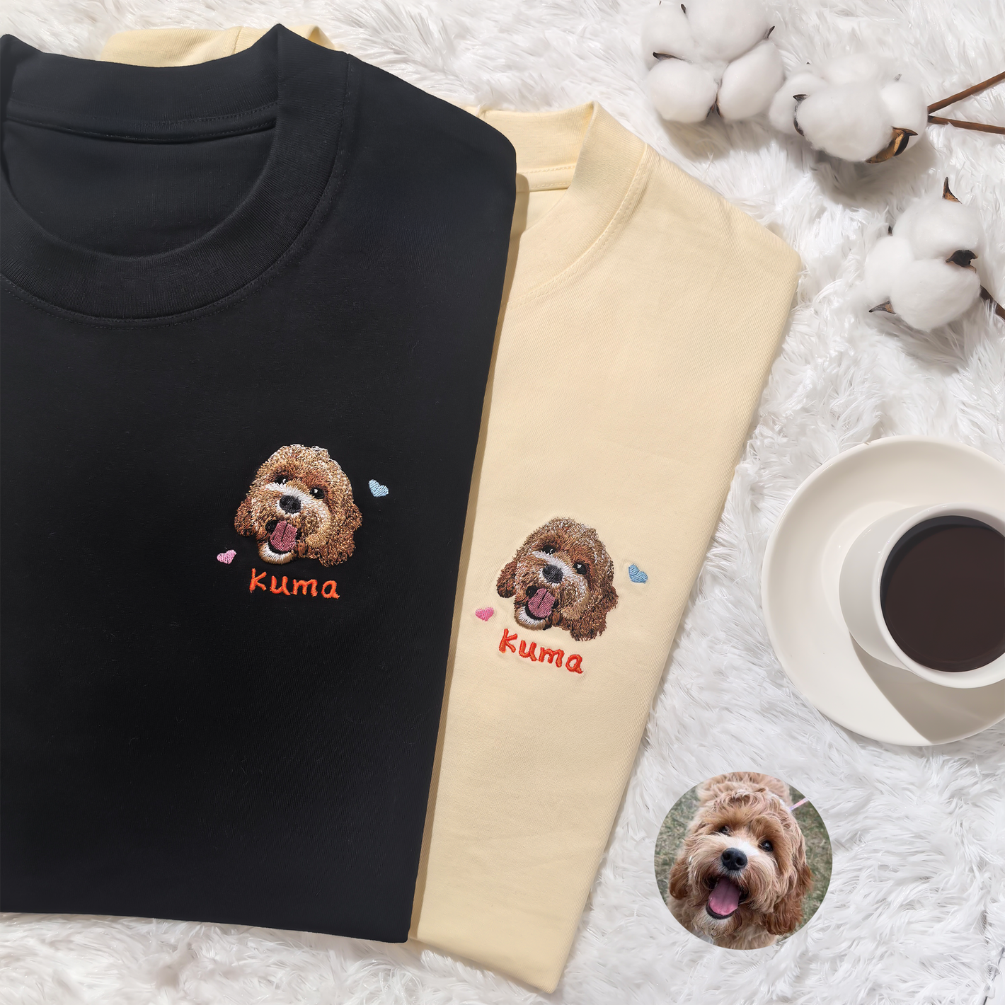 How custom pet embroidery works - 4 simple steps from photo upload to hand-drawn portrait, embroidery and delivery