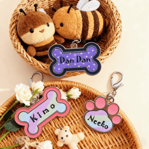Custom pet name tags in multiple designs and colors with personalized names