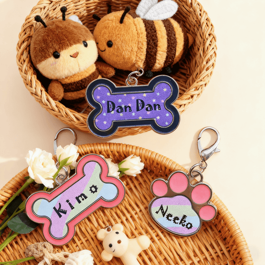 Custom pet name tags in multiple designs and colors with personalized names