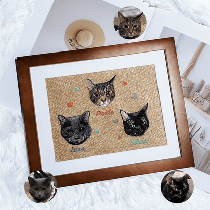 Custom embroidered frame with three cats portraits