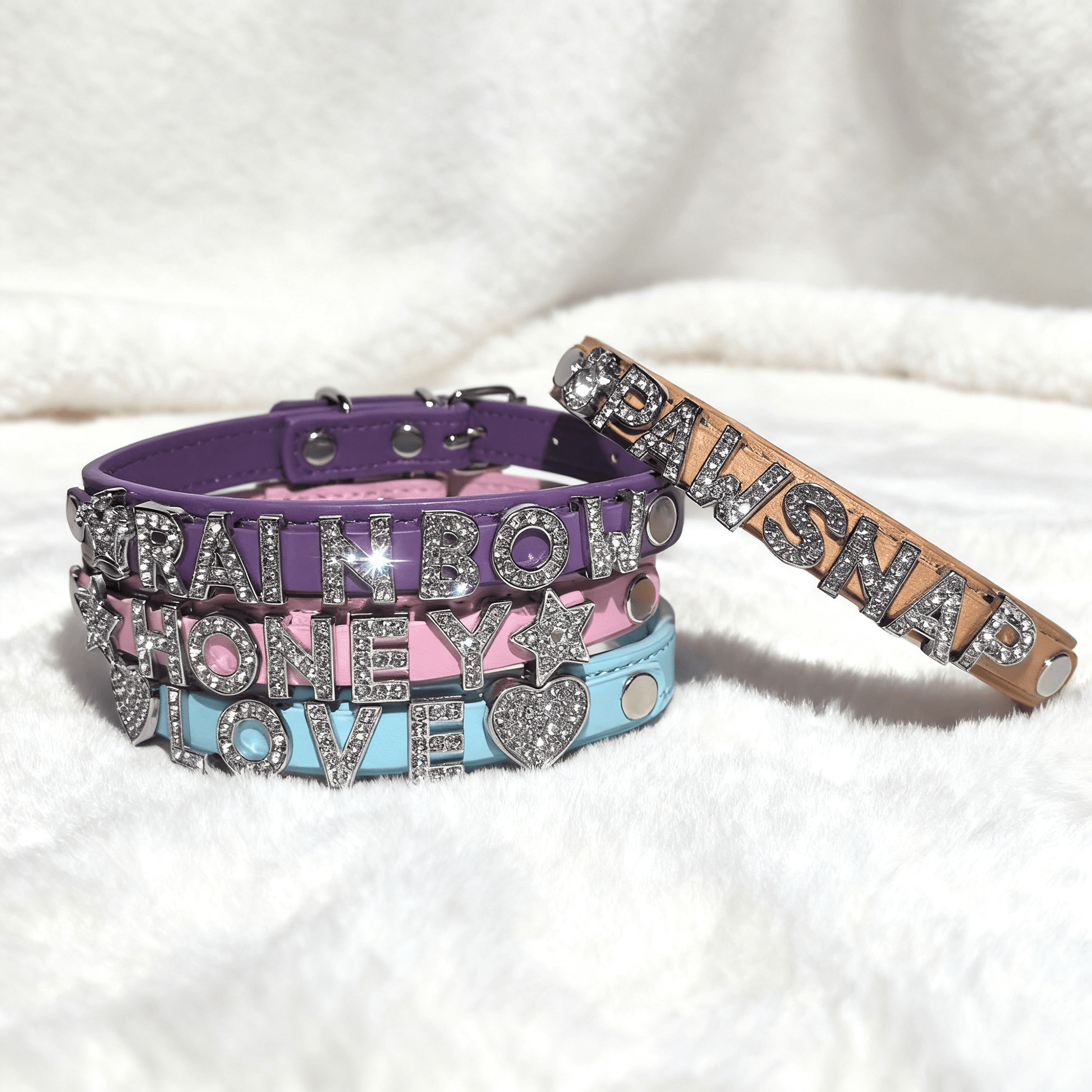 DIY name collar available in purple, blue, black, pink, and khaki colors