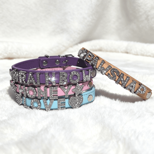 DIY name collar available in purple, blue, black, pink, and khaki colors